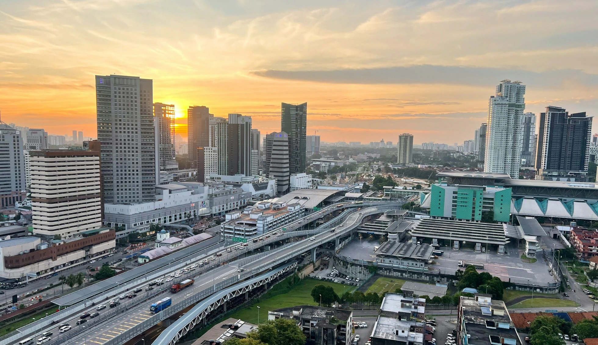 Johor Bahru skyline, CIQ and RTS corridor at sunset